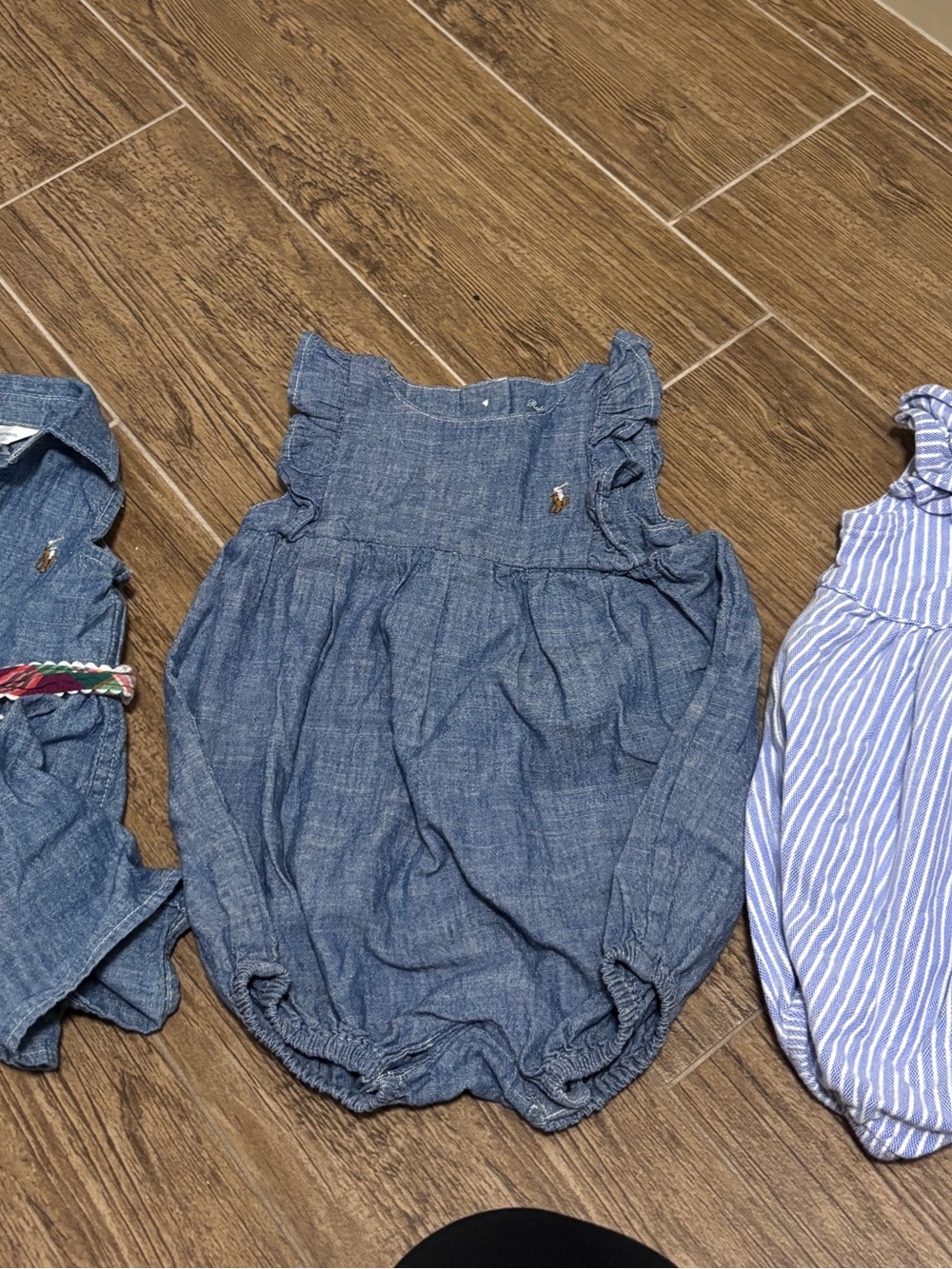 Ralph Lauren Denim-Blue Ruffle Sleeve Romper, Striped Romper and Denim Dress
